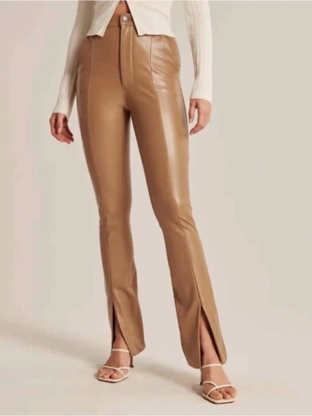 Abercrombie &Fitch Ultra High-Rise Faux Leather Split-Hem Pants in Camel